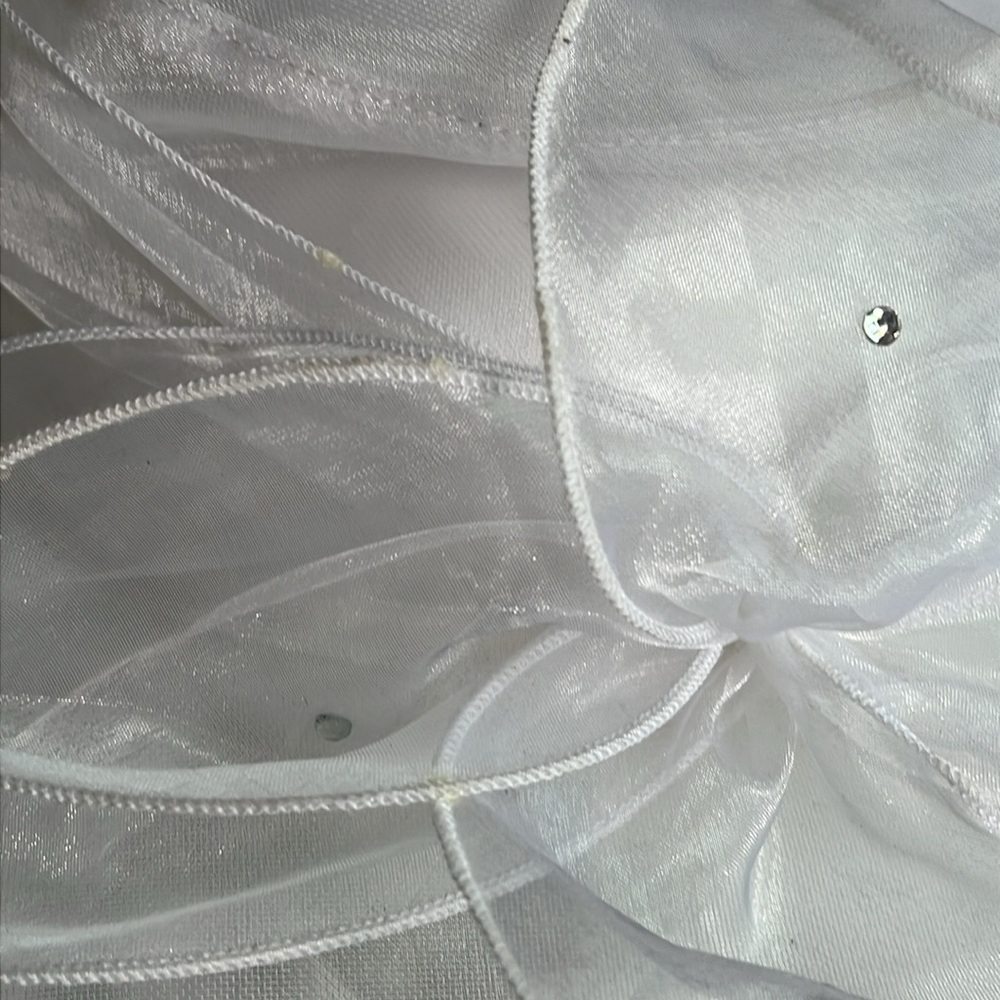 White Organza Women's Hat Sheer Elegant Bride Rhinestone Kentucky Derby - Picture 3 of 7